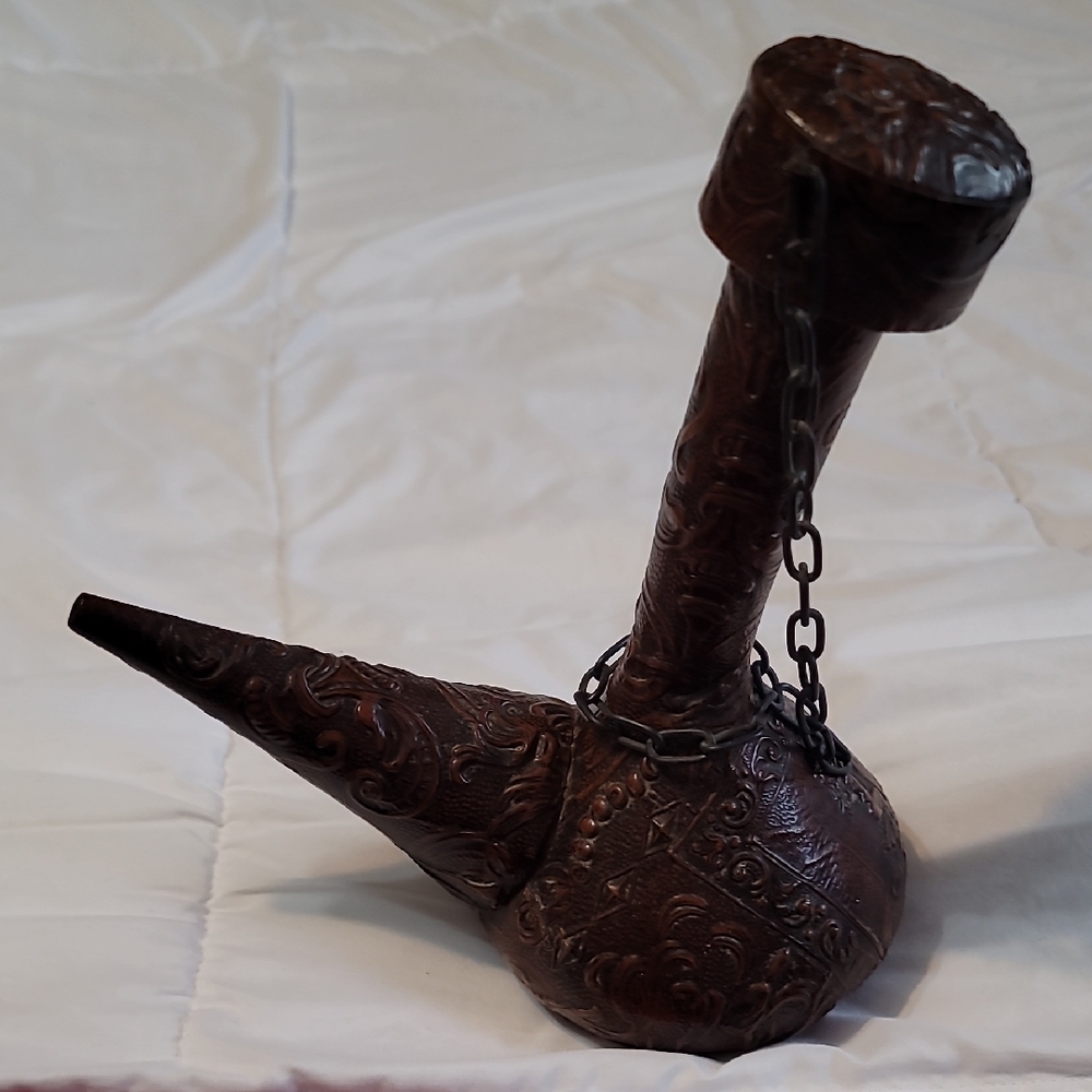 Vintage Tooled Leather Wine Decanter Porron Spain 1970s Barware Bottle
